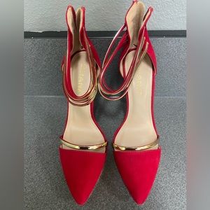 LILIANA Closed Toe Stiletto High Heels RED Gold 5" heel size 10 zip back